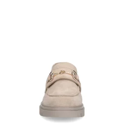 Manfield Beige suède loafers met goudkleurige details^DAMES Loafers