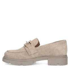 Manfield Beige suède loafers met goudkleurige details^DAMES Loafers