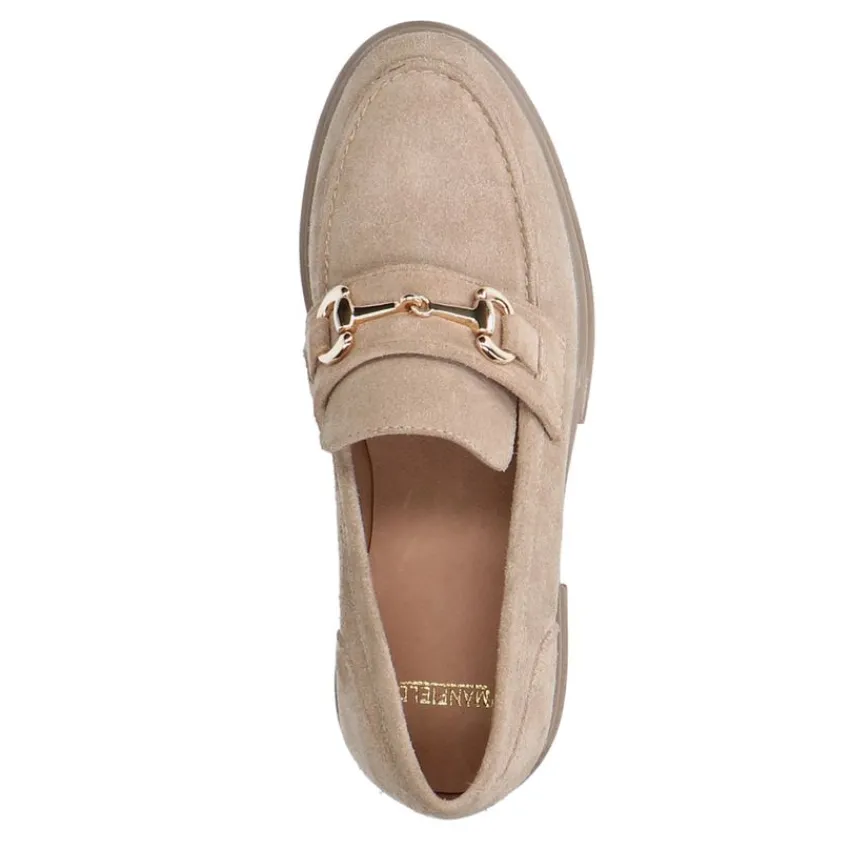 Manfield Beige suède loafers met goudkleurige details^DAMES Loafers