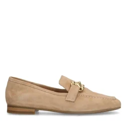 Manfield Beige suède loafers met goudkleurig detail^DAMES Loafers