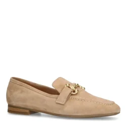 Manfield Beige suède loafers met goudkleurig detail^DAMES Loafers