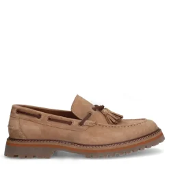 Manfield Beige suède loafers met kwastje^Heren Veterschoenen|Loafers