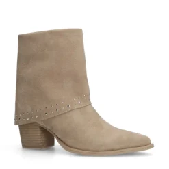 Manfield Beige suède overslaglaars met studs^DAMES Laarzen|Enkellaarsjes
