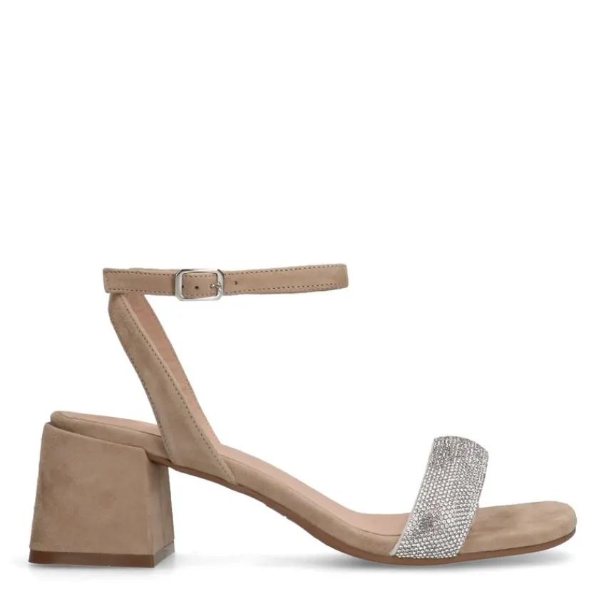 Manfield Beige suède sandalen met hak met strass^DAMES Sandalen