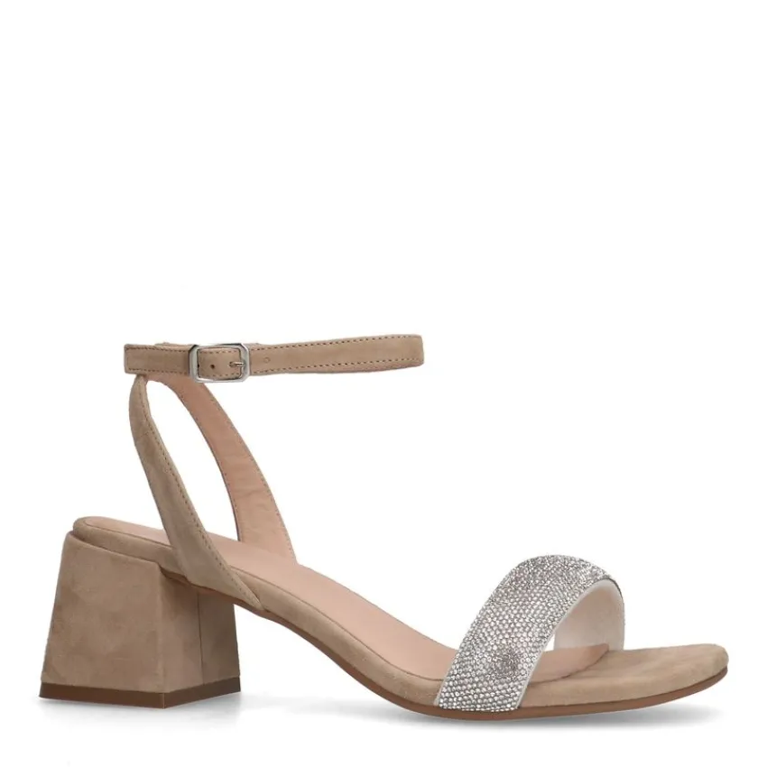 Manfield Beige suède sandalen met hak met strass^DAMES Sandalen