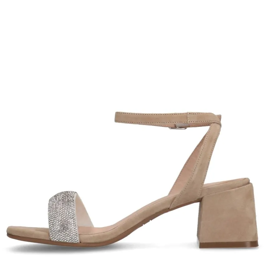 Manfield Beige suède sandalen met hak met strass^DAMES Sandalen