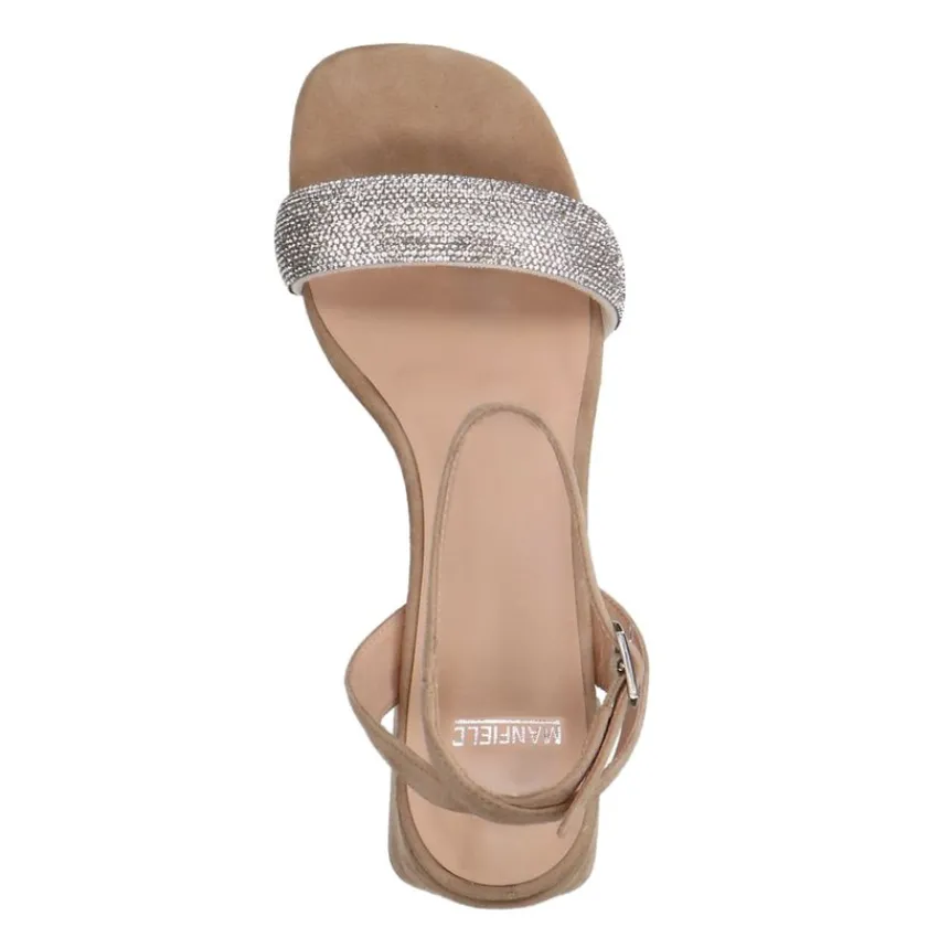 Manfield Beige suède sandalen met hak met strass^DAMES Sandalen