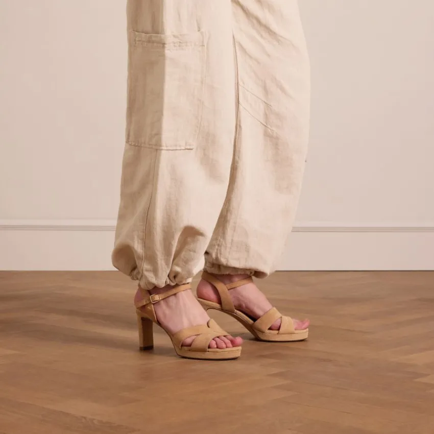 No Stress Beige suède sandalen met hak^DAMES Sandalen