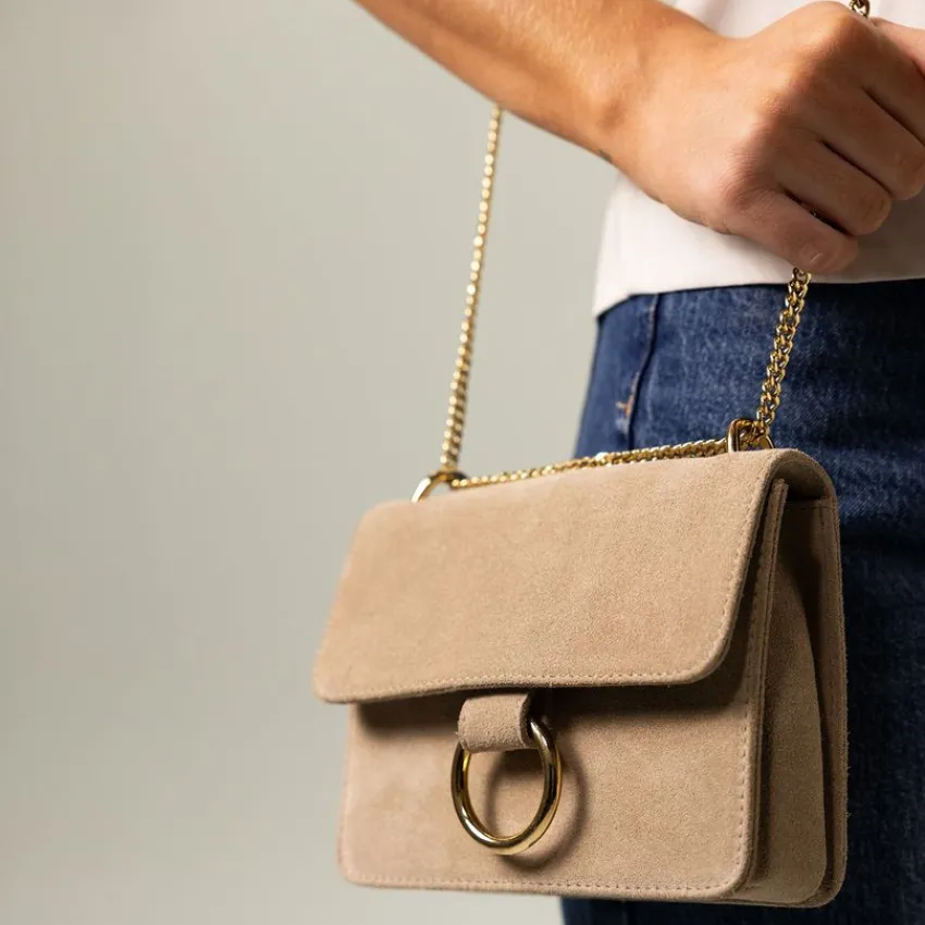 Manfield Beige suède schoudertas^ Schoudertassen