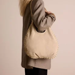 Manfield Beige suède schoudertas met studs^ Schoudertassen