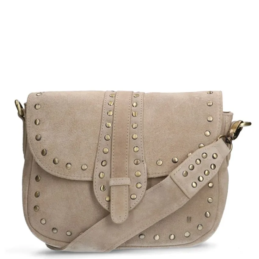 Manfield Beige suède schoudertas met gouden studs^ Schoudertassen