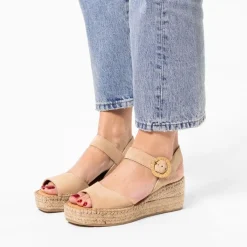 Manfield Beige suède sleehakken^DAMES Espadrilles|Sandalen