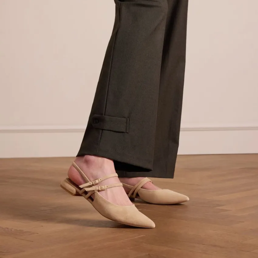 Manfield Beige suède slingbacks met dubbele bandjes^DAMES Pumps|Slingbacks