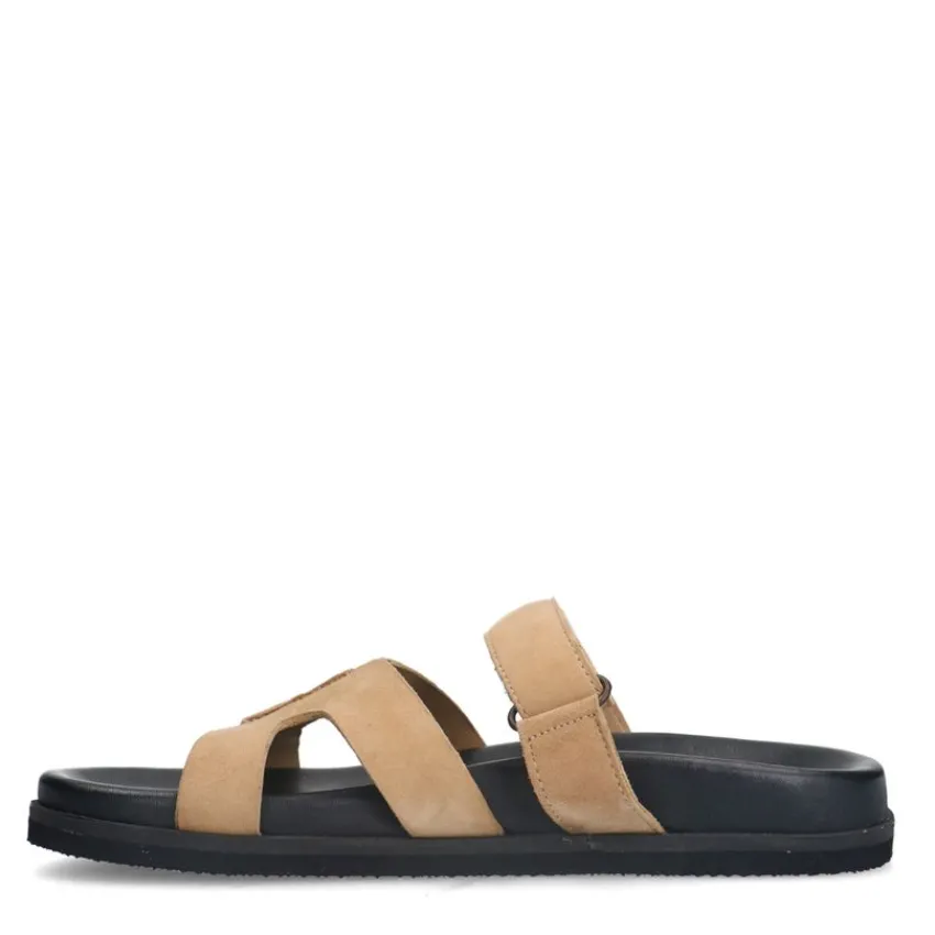 Manfield Beige suède slippers met bandje^DAMES Slippers