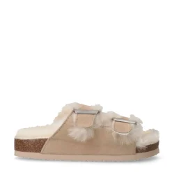 Manfield Beige suède slippers met bontvoering^DAMES Pantoffels