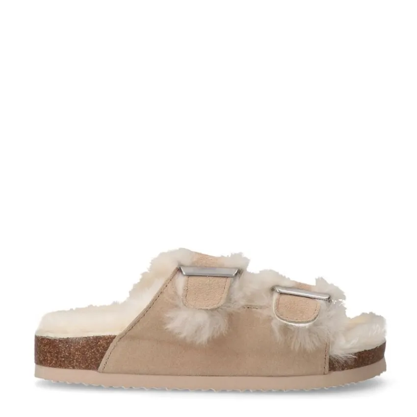 Manfield Beige suède slippers met bontvoering^DAMES Pantoffels