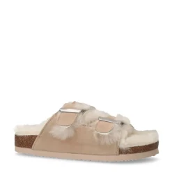 Manfield Beige suède slippers met bontvoering^DAMES Pantoffels