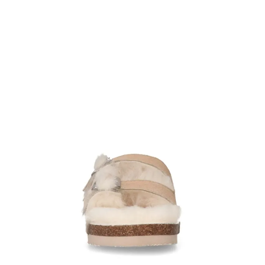 Manfield Beige suède slippers met bontvoering^DAMES Pantoffels