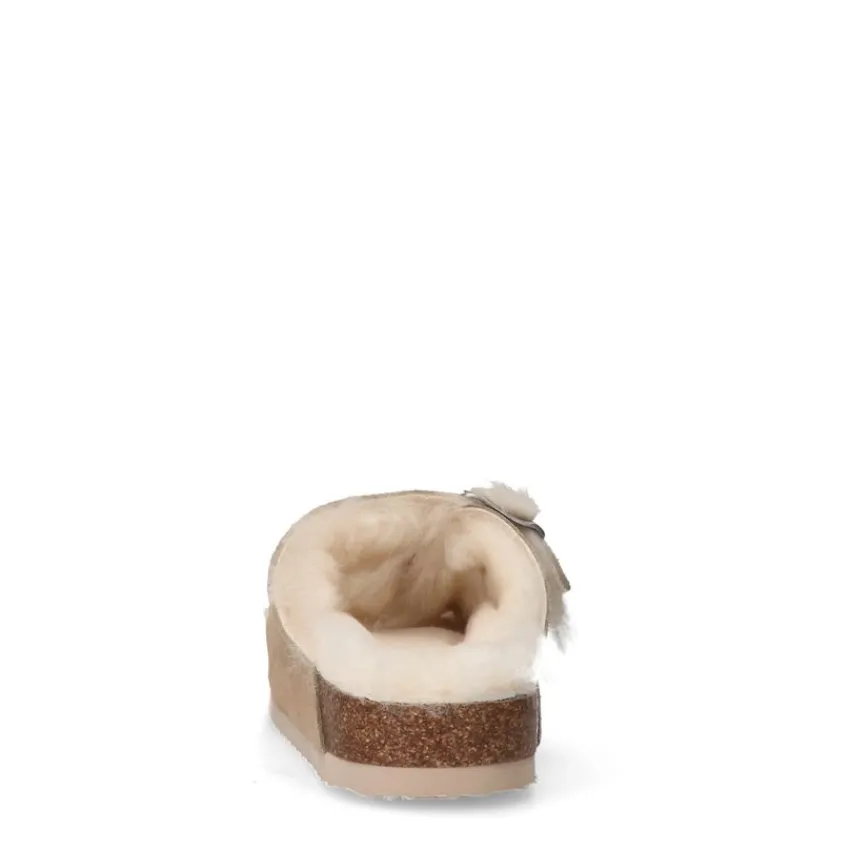Manfield Beige suède slippers met bontvoering^DAMES Pantoffels