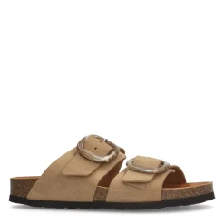 Manfield Beige suède slippers met gesp^DAMES Slippers