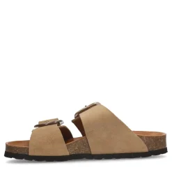 Manfield Beige suède slippers met gesp^DAMES Slippers