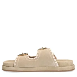 Manfield Beige suède slippers met witte details^DAMES Sandalen