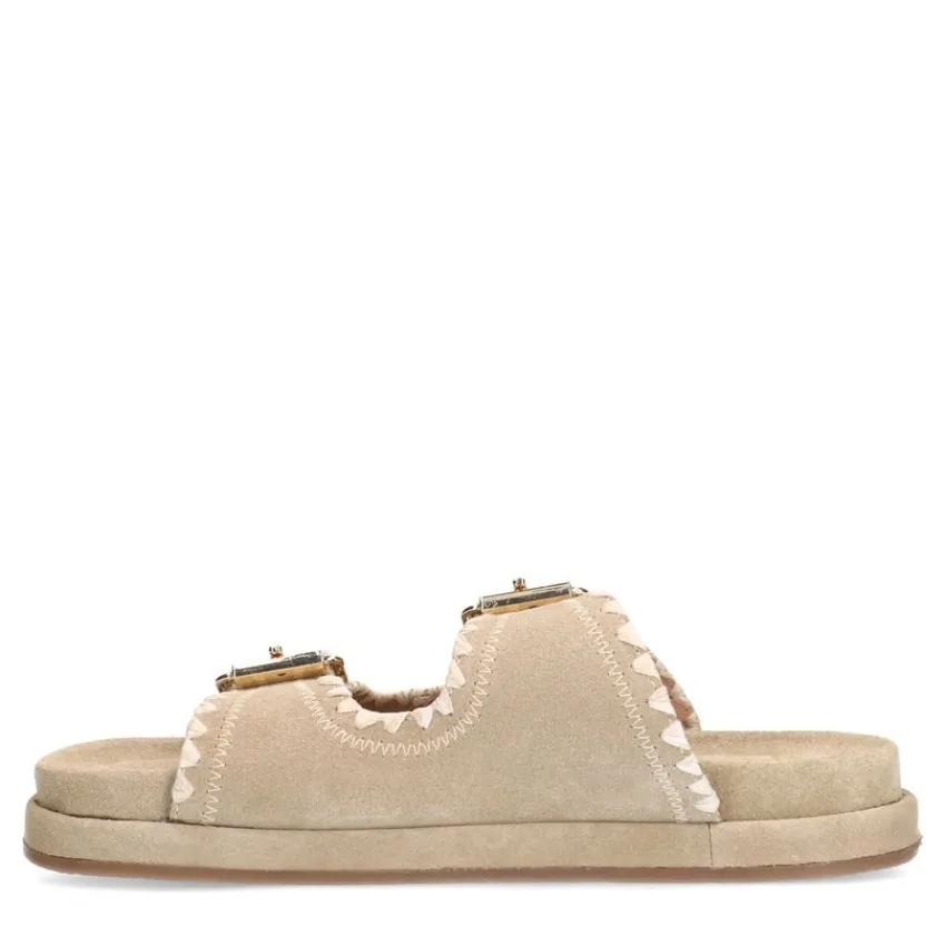 Manfield Beige suède slippers met witte details^DAMES Sandalen