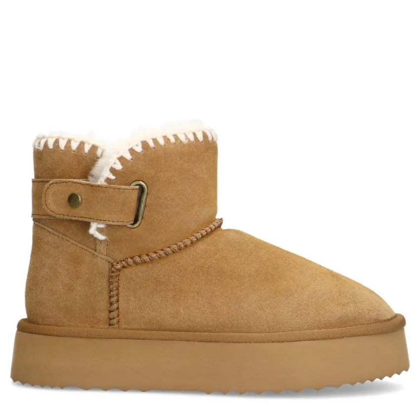 Manfield Beige suède snowboots met wol^DAMES Enkellaarsjes