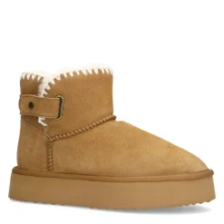 Manfield Beige suède snowboots met wol^DAMES Enkellaarsjes