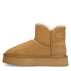 Manfield Beige suède snowboots met wol^DAMES Enkellaarsjes
