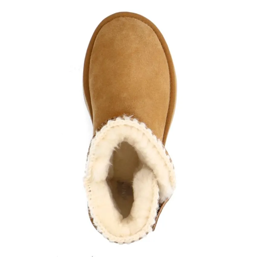 Manfield Beige suède snowboots met wol^DAMES Enkellaarsjes
