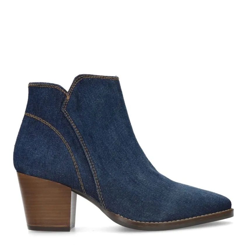 Manfield Blauwe denim enkellaarsjes met hak^DAMES Enkellaarsjes