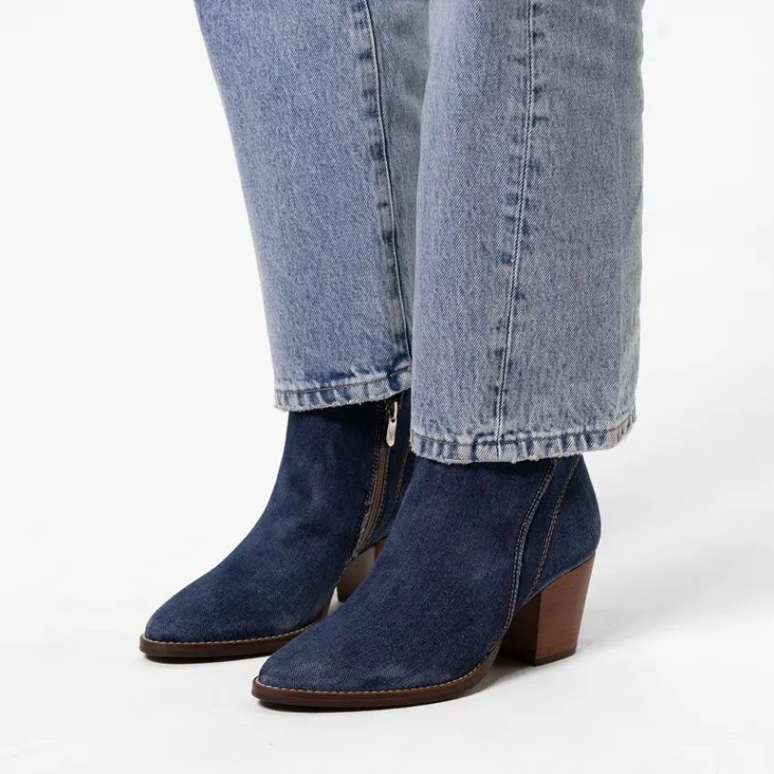 Manfield Blauwe denim enkellaarsjes met hak^DAMES Enkellaarsjes