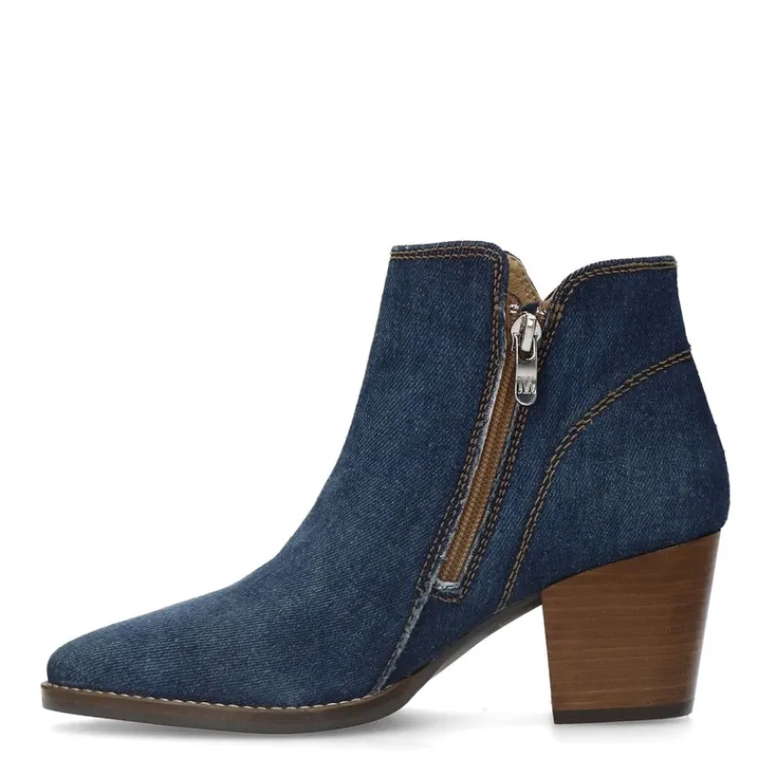 Manfield Blauwe denim enkellaarsjes met hak^DAMES Enkellaarsjes
