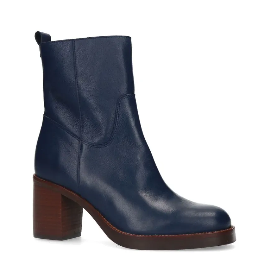 Manfield Blauwe leren enkellaarsjes met hak^DAMES Enkellaarsjes