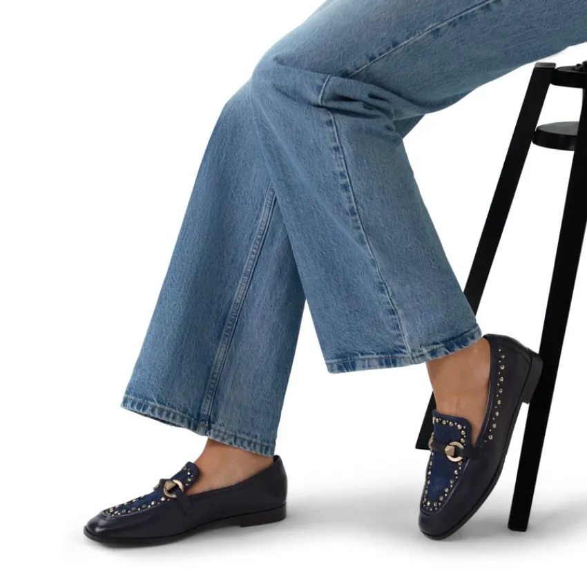 Manfield Blauwe leren loafers met details^DAMES Loafers