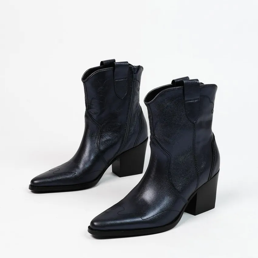 Manfield Blauwe metallic leren cowboy laarzen^DAMES Enkellaarsjes