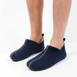 Manfield Blauwe pantoffels met wol^Heren Pantoffels