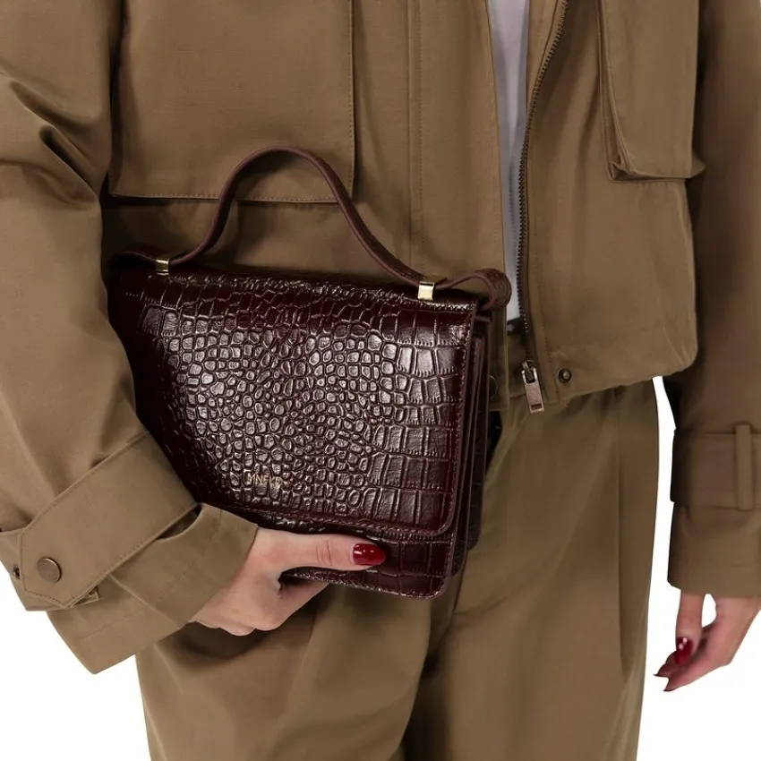 Manfield Bordeaux rode lakleren croco schoudertas^ Schoudertassen