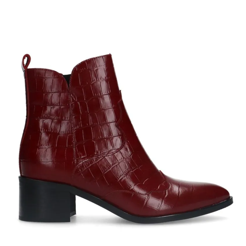 Manfield Bordeaux rode leren croco enkellaarsjes^DAMES Enkellaarsjes