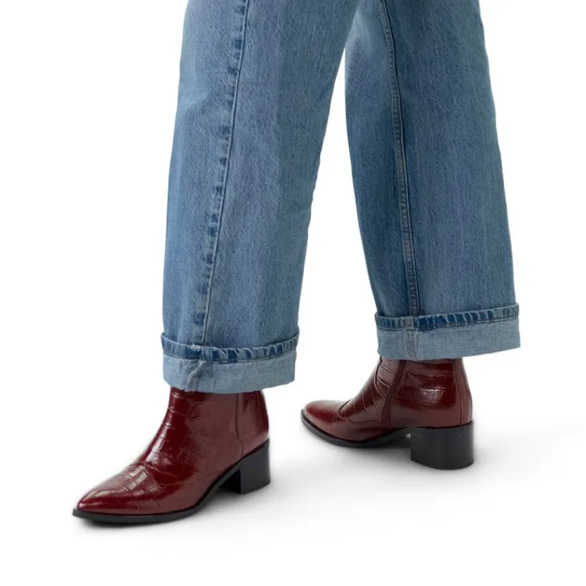 Manfield Bordeaux rode leren croco enkellaarsjes^DAMES Enkellaarsjes