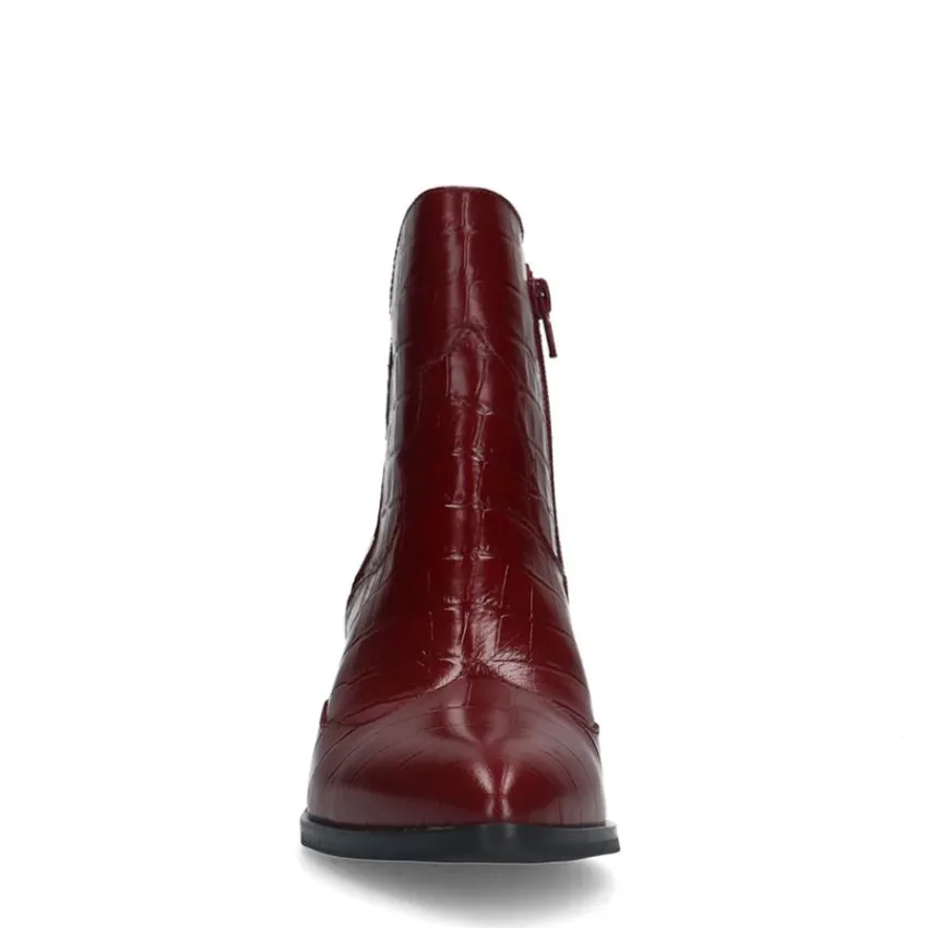Manfield Bordeaux rode leren croco enkellaarsjes^DAMES Enkellaarsjes