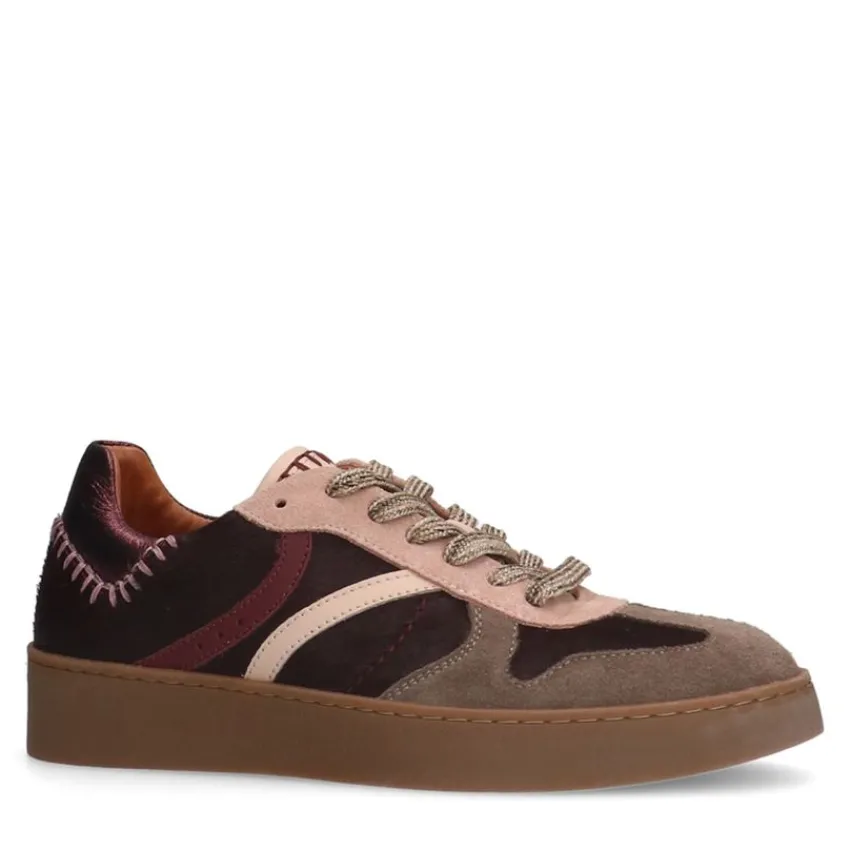 Manfield Bordeaux rode suède sneakers met details^DAMES Sneakers