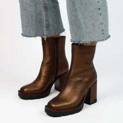 Manfield Bronskleurige leren enkellaarsjes^DAMES Enkellaarsjes