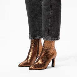 Manfield Bronskleurige leren enkellaarsjes met slangenprint^DAMES Enkellaarsjes