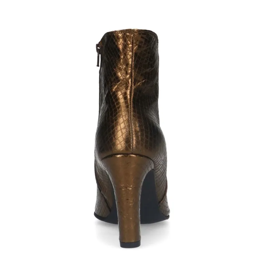 Manfield Bronskleurige leren enkellaarsjes met slangenprint^DAMES Enkellaarsjes