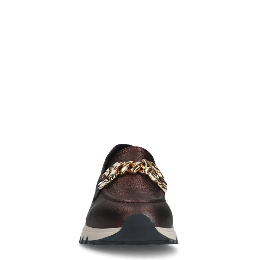 Manfield Bronzen leren loafers met goudkleurige chain^DAMES Loafers