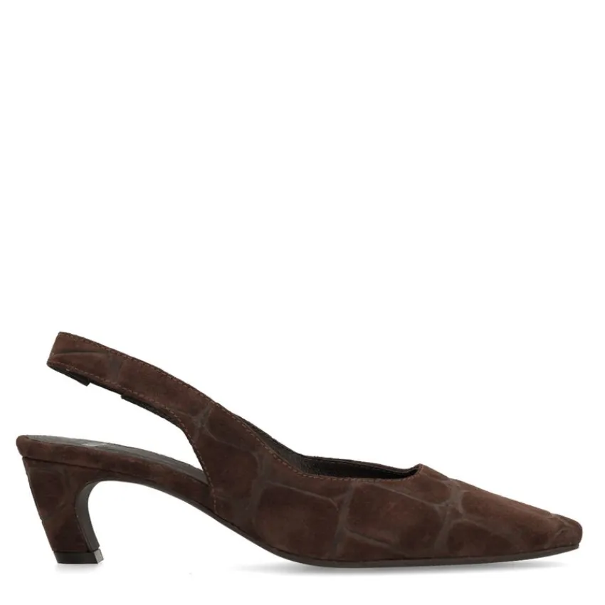 Manfield Bruin bedrukte suède slingbacks^DAMES Pumps|Slingbacks