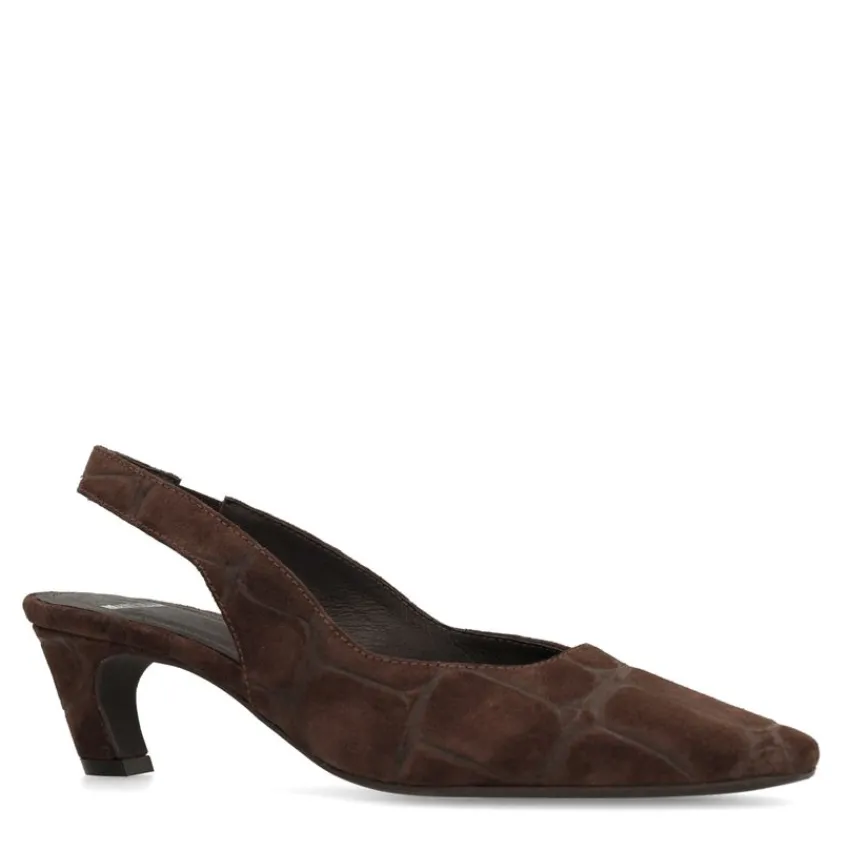 Manfield Bruin bedrukte suède slingbacks^DAMES Pumps|Slingbacks