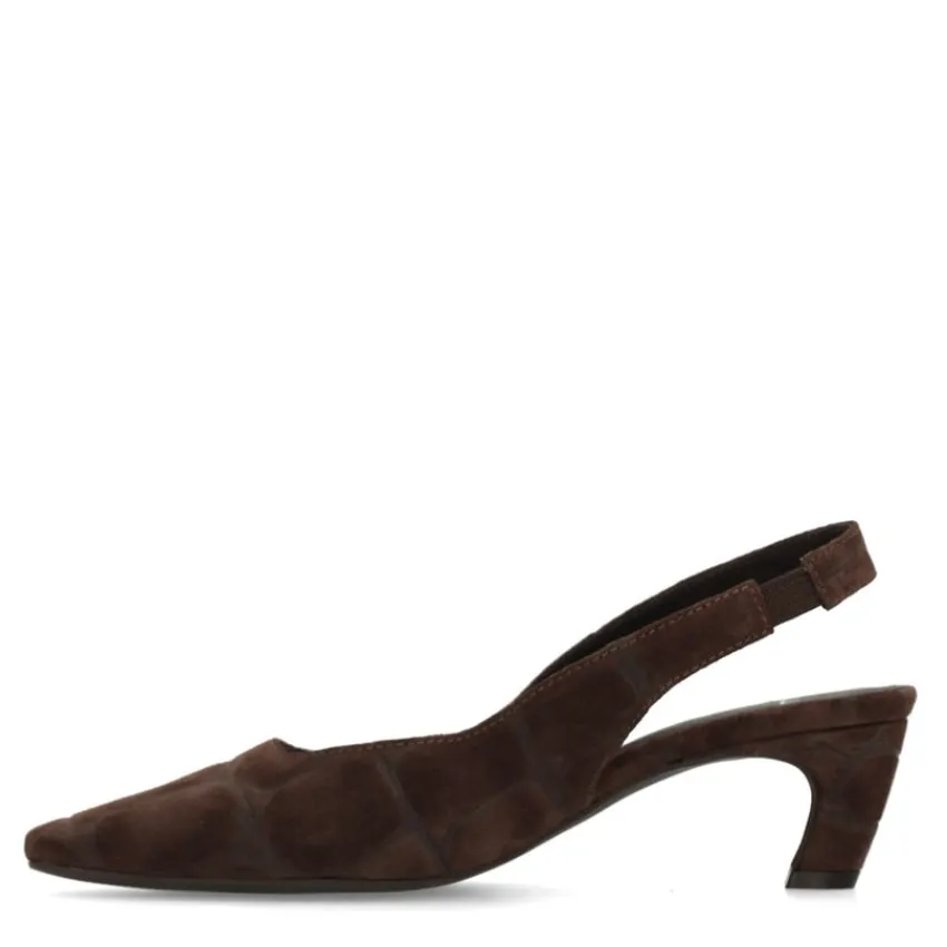 Manfield Bruin bedrukte suède slingbacks^DAMES Pumps|Slingbacks